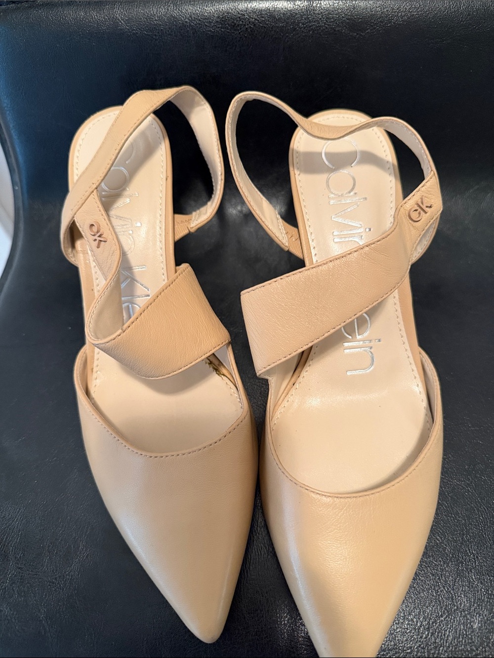 Calvin Klein Neutral Tan Pointed-Toe Slingback Mules